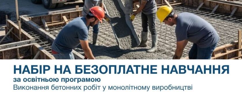 ️ Набір на безоплатне навчання за освітньою програмою «Виконання бетонних робіт у монолітному будівництві» відкрито!